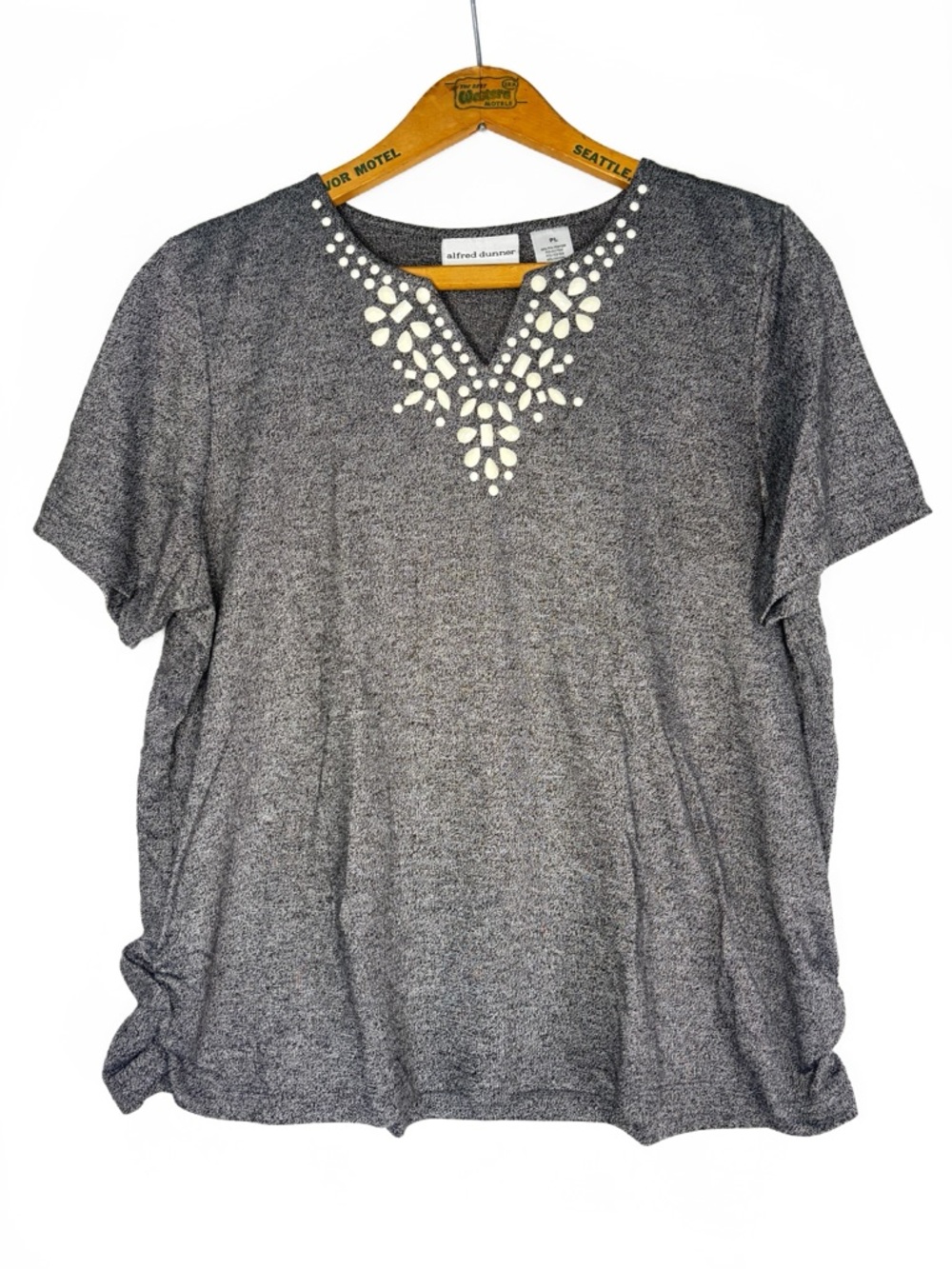 Gray and White Alfred Dunner Embellished V-Neck Top -PL-